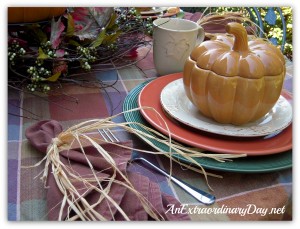 Pumpkin place setting for fall alfresco dining.