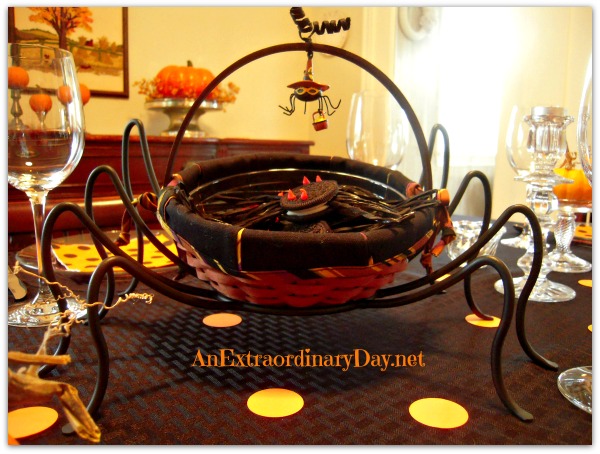 AnExtraordinaryDay.net - Tablescaping with Black Spiders and Orange Polka Dots - Longaberger Wrought Iron Spider Legs & 2006 Autumn Treats Basket
