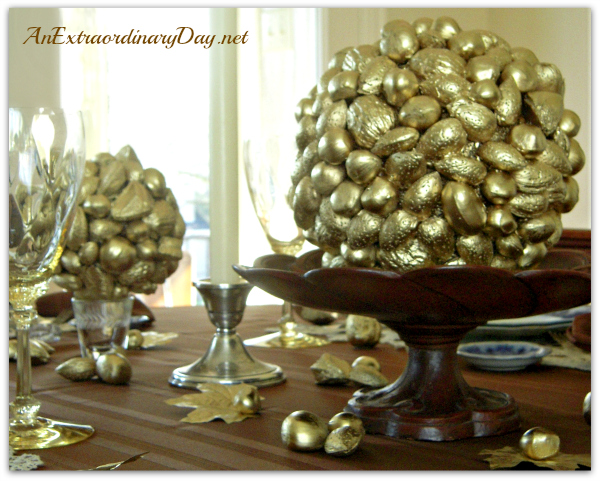 AnExtraordinaryDay.net | Inspired Tablescaping | Thanksgiving Table Decor - Gold Nut Ball on Pedestal