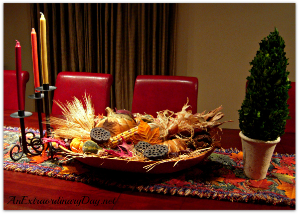 AnExtraordinaryDay.net | Thanksgiving | Fall Tablescape | Wooden Bowl of Plenty | Harvest cornicopia