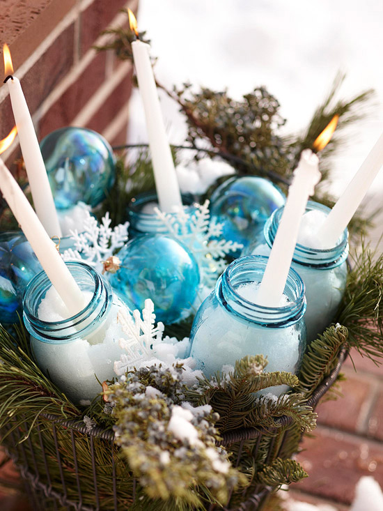 AnExtraordinaryDay.net - vintage Christmas decor ideas & inspiration - BHG.com christmas outdoor decorations blue glass jars and ornaments