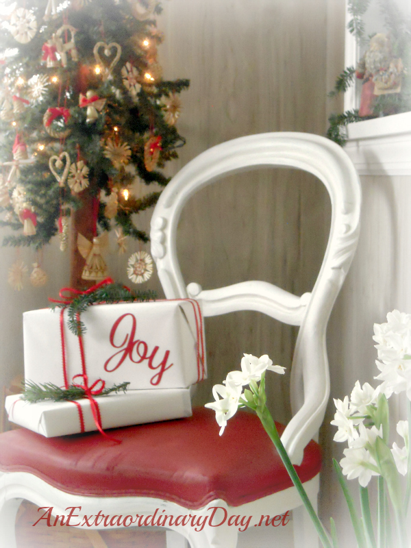 AnExtraordinaryDay.net - Christmas House Tour - Painted Joy Chair - Rescued Treasure - Wood and Fabric painted chair - inspired decor