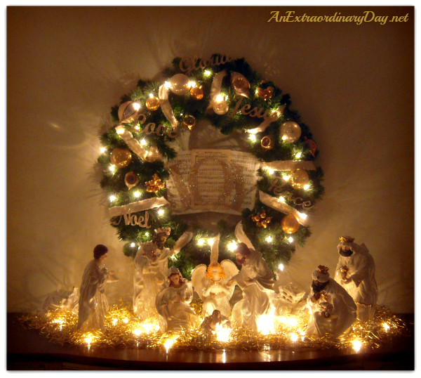 AnExtraordinaryDay.net | Christmas JOY Wreath | Nativity Vignette | Christmas decor ideas | Decked for Christmas | Joy on the Sideboard