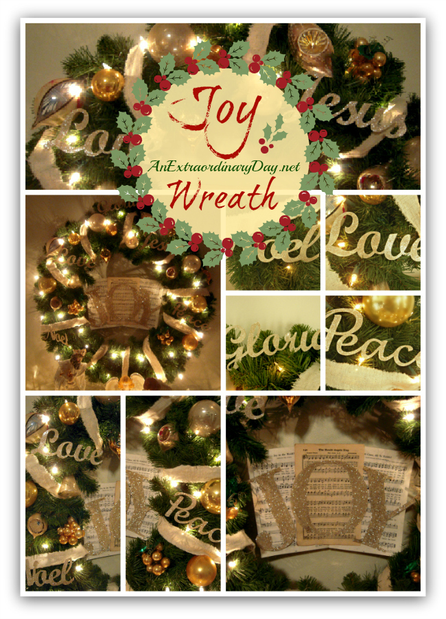 AnExtraordinaryDay.net - Joy Wreath - Collage of Inspiration - Decorating with vintage ornaments, glitter, and gold