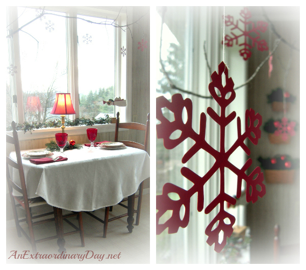 AnExtraordinaryDay.net - Red & White Tablescape with Branches of Red Snowflakes - inspired Christmas decor
