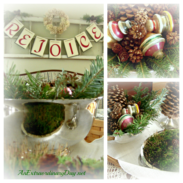 AnExtraordinaryDay.net | Collage of Greens, Pinecones, Moss, & Vintage Glass Balls - Merry Christmas House Tour - Inspired Decor - Rejoice Banner