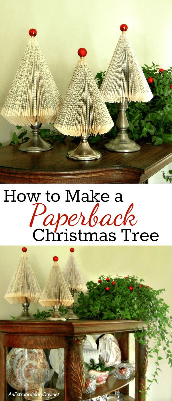 How to Make Paperback Book Christmas Trees with this super detailed tutorial from AnExtraordinaryDay.net Click through for all the details so you can make a forest for gifts or whimsical Christmas home decor.