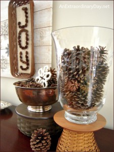 Longaberger Baskets & Pine Cone Winter Vignette - AnExtraordinaryDay.net