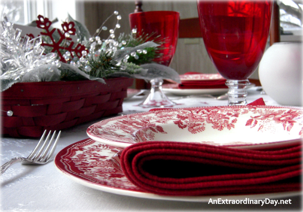 Tablescaping for Winter with Red Staffordshire Transferware - Red Longaberger Basket - Table setting - AnExtraordinaryDay.net