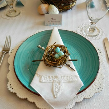 Sweet Handmade Birds Nests Themed Easter Table Dressed up with Eyelet Lace AnExtraordinaryDay.net