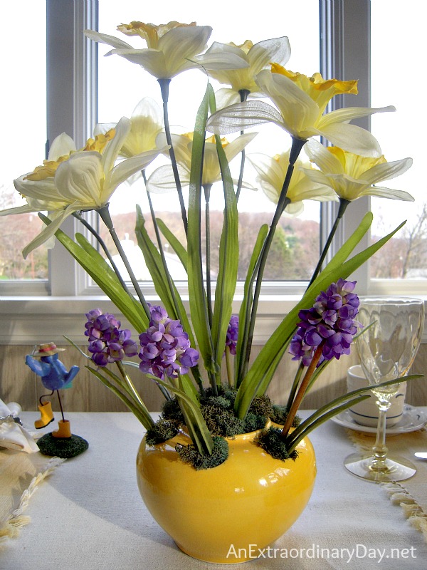 Vintage crocus pot filled with daffodils & grape hyacinth ::  Yellow Table Setting ::  AnExtraordinaryDay.net