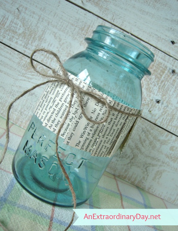 Mason Jar Makeover :: Pleated Collar Tutorial :: Book Pages :: AnExtraordinaryDay.net