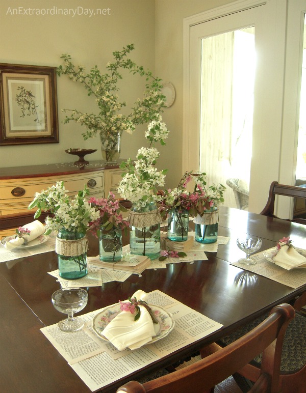 Vintage Table setting with Ball Jars & Book Pages & Apple Blossoms :: AnExtraordinaryDay.net