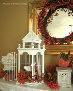 Decorating a Fall Mantel with a white birdcage :: AnExtraordinaryDay.net