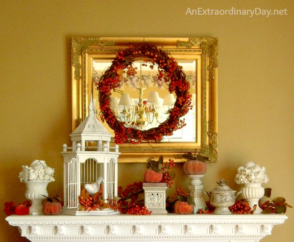 Fall Nesting :: Crabapple branches make the Fall Mantel Glow :: Fall...It's Extraordinary! :: AnExtraordinaryDay.net