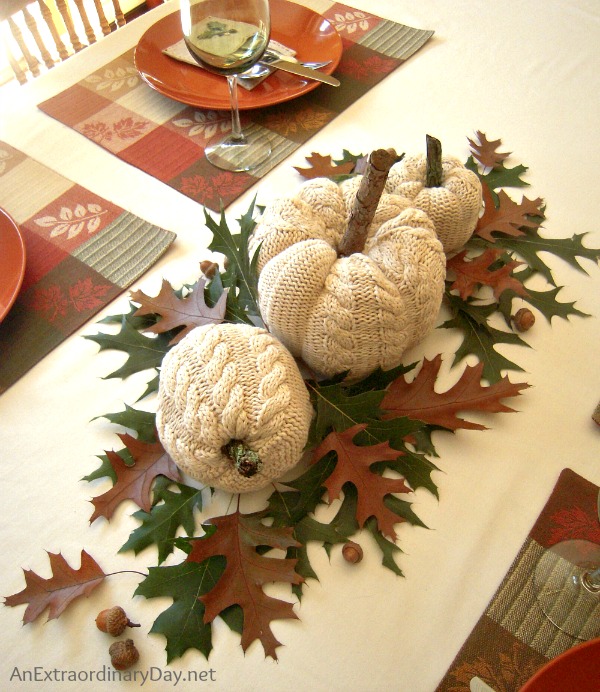 Fresh Green & Brown Oak Leaves :: Sweater Pumpkins :: Day 10 of #31Days:: Homespun Table Setting :: AnExtraordinaryDay.net