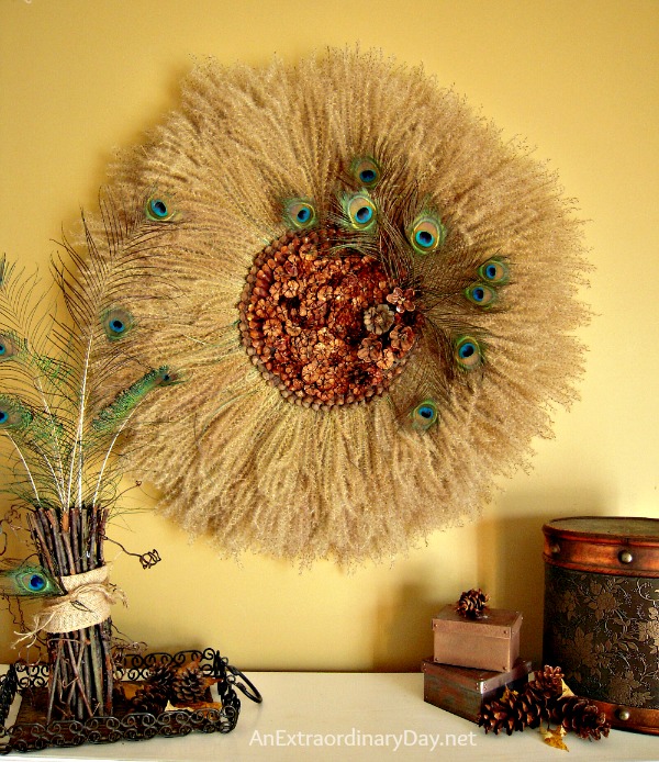 Fall Pampas Grass Wreath with Pine Cones and Peacock Feathers :: AnExtraordinaryDay.net