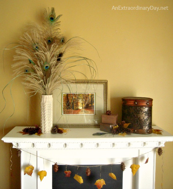 Mantel Decor :: Decorating with Pampas Grass Plumes and Peacock Feathers :: AnExtraordinaryDay.net