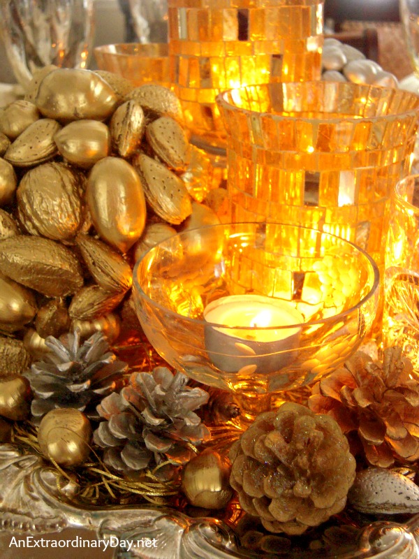 Mixing #GoldandSilver for #Thanksgiving Using Nuts and Pine Cones and Faux Leaves :: AnExtraordinaryDay.net