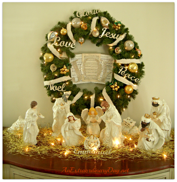Christmas Joy Wreath and Nativity Vignette for Christmas Decor :: AnExtraordinaryDay.net