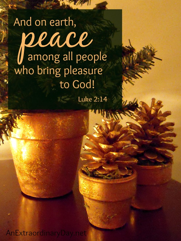 Golden pine cones and a graphic with a scripture verse from Luke 2:14 about peace.