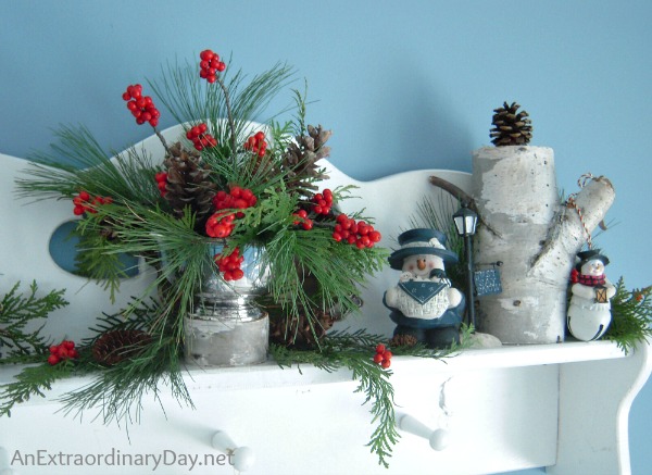 A Woodland Touch :: Natural Evergreens & Pine Cones & Winterberry Christmas arrangement ::AnExtraordinaryDay.net