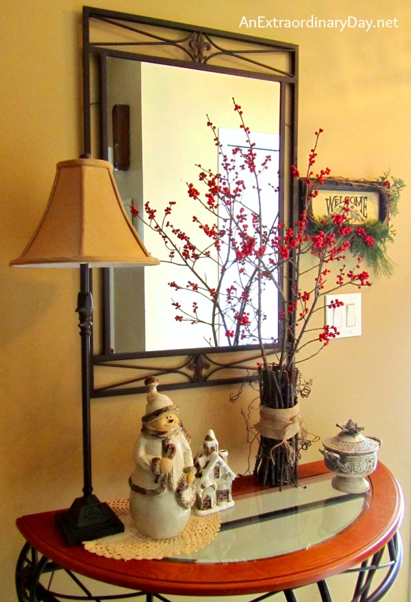 Woodland Home Decor :: Twig & Burlap Vase filled with Winterberry :: Holiday Decor :: AnExtraordinaryDay.net