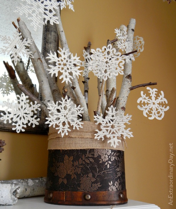 Hand Cut Book Page Snowflakes :: Decorating the Mantel for Winter :: AnExtraordinaryDay.net