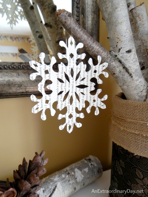 Hand Cut Book Page Snowflake :: Decorating the Mantel for Winter :: AnExtraordinaryDay.net