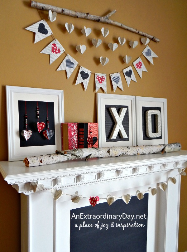 Black and White and Red - Fun Valentine Mantel Decor with Book Pages :: AnExtraordinaryDay.net