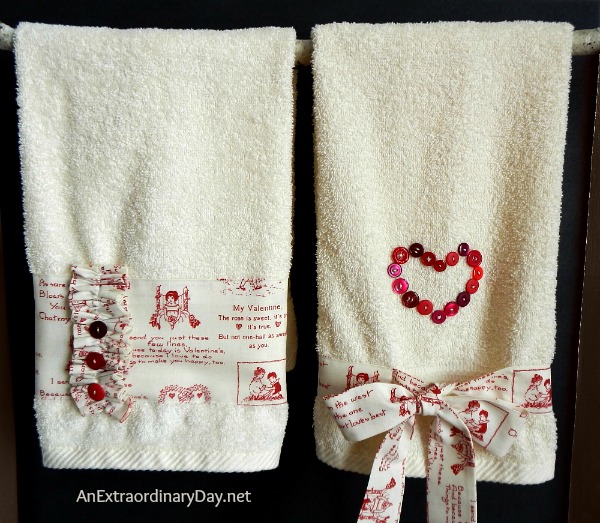Valentine Towels Embellished with Fabric and Buttons :: AnExtraordinaryDay.net