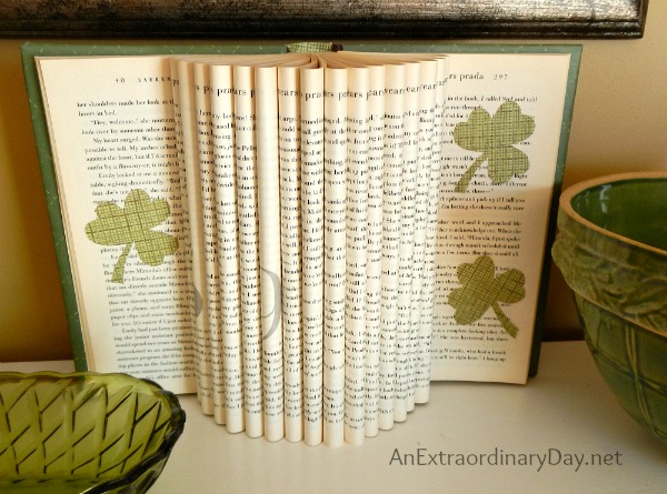 Decorating a Mantel for St. Patrick's Day :: Book Page Art :: Dimensional Book with Shamrocks :: AnExtraordinaryDay.net