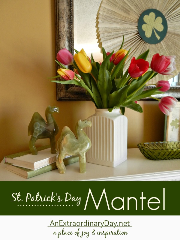 Decorating a Mantel for St. Patrick's Day :: Get creative with book pages. Check out this sweet vignette with fresh flowers and a Book Page Medallion