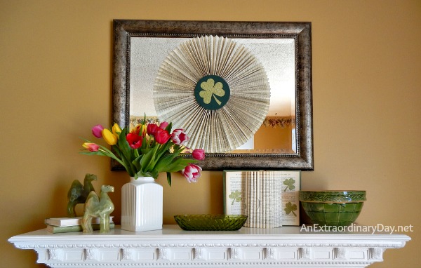 Decorating the Mantel for St. Patrick's Day Using Book Pages and Scrapbook Paper :: AnExtraordinaryDay.net