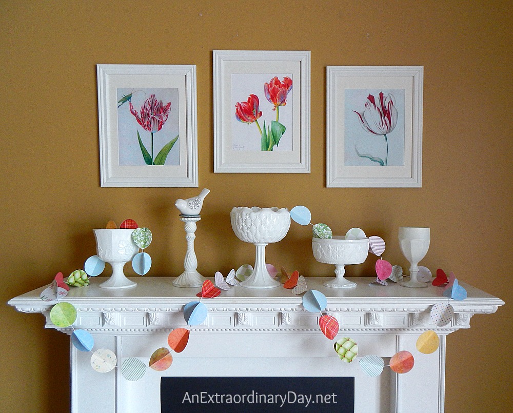 Happy Spring! Bright White Spring Mantel with Color Pops :: AnExtraordinaryDay.net