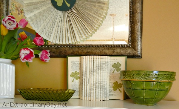 Mantel Vignette :: Decorating a Mantel for St. Patrick's Day with Book Pages :: AnExtraordinaryDay.net