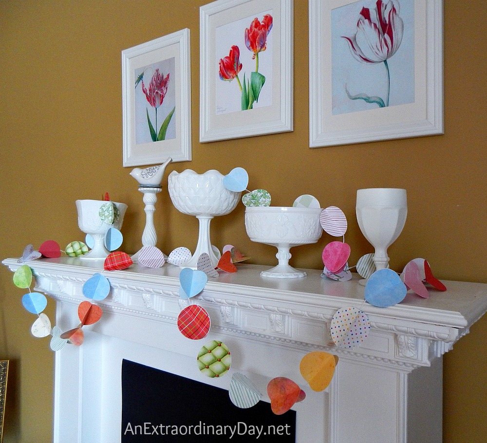 Milk Glass Helps Create a Dramatic White Mantel for Spring :: AnExtraordinaryDay.net