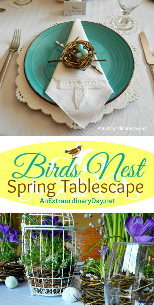 Bird's Nest Spring Tablescape | A Bird's Nest Themed Easter Table | Who would guess this bird's nest themed Easter table was set with dollar store plates and goblets? It's a beautiful table for any special spring meal.