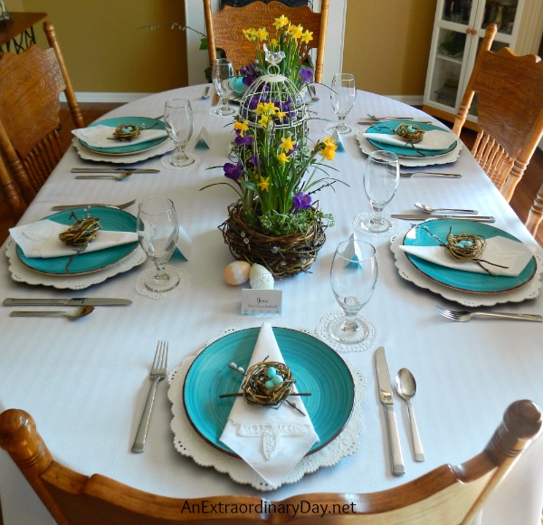 Colorful Table Setting for Spring with Bird's Nest Garden Centerpieces | A Bird's Nest Themed Easter Table | AnExtraordinaryDay.net