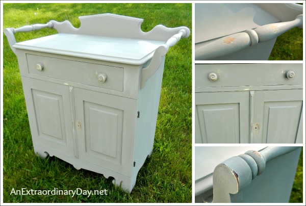 Final Distressing Before Waxing :: Antique Washstand with a FolkArt Home Decor Chalk Paint Makeover :: AnExtraordinaryDay.net