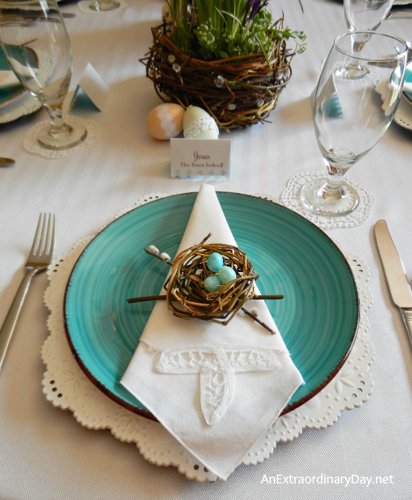 Handmade Birds Nests Themed Easter Table Dressed up with Eyelet Lace | AnExtraordinaryDay.net