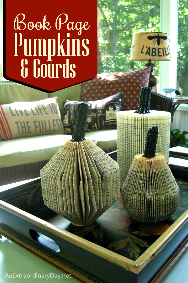 As a lover of all things book page, I just had to try my hand at creating pumpkins and gourds from paperback books. Though not exact replicas...they are a fun way to hand make some Fall Home Decor that's NOT orange.  Click on the photo to see more of this pretty porch space, too. 