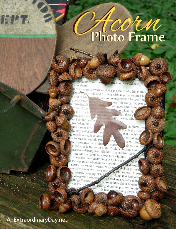 Acorns are falling. Now is the time to gather a bunch and make a lovely acorn photo frame. It's great for gift-giving and makes the perfect accent for fall home decor. Click through for the easy tutorial by AnExtraordinaryDay.net.