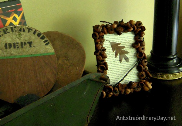 Photo shows an acorn cap photo frame sitting on a table 