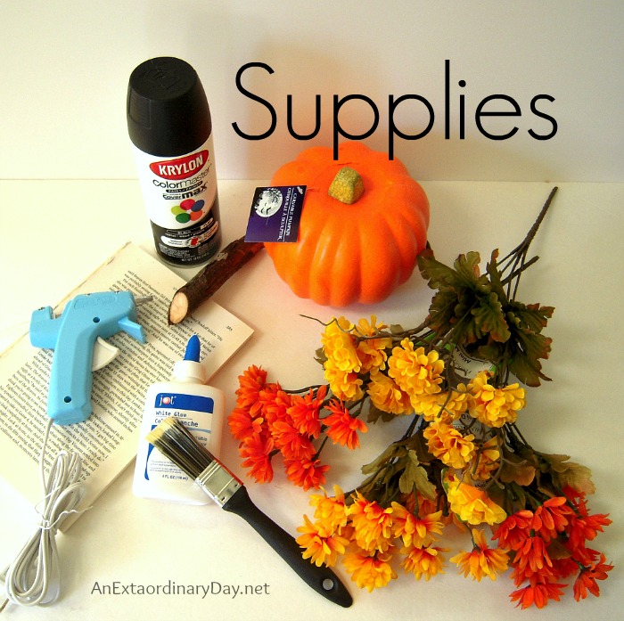 A few inexpensive supplies are all that's need to create a Flowery Book Page Pumpkin.