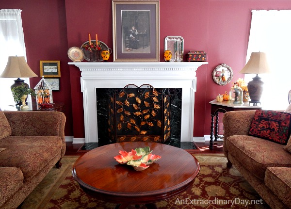 A beautifully decorated living room and tips for dressing a living room for fall.