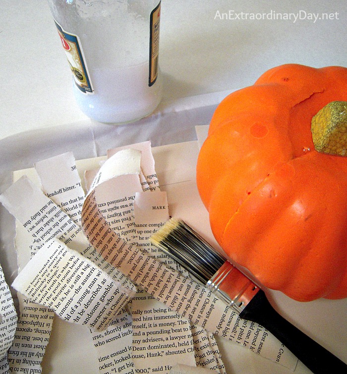 Tear Book Pages into Strips for Applying to Pumpkin 