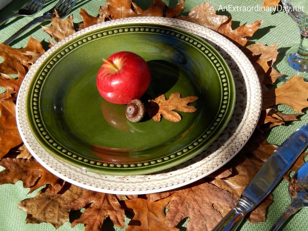 Pier 1 green clearance plate adds depth to this Fall or Thanksgiving Table Setting
