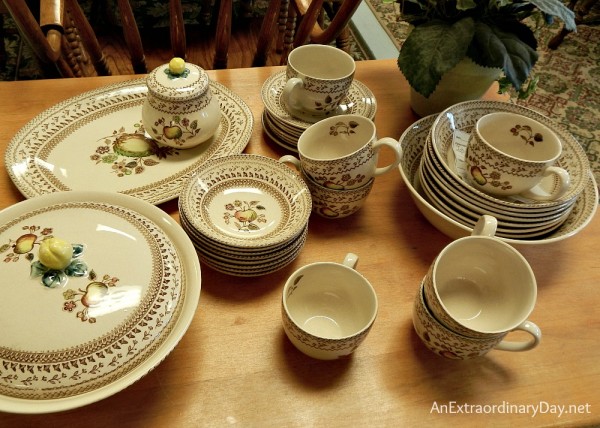 Partial set of Johnson Bros., Old Granite, Fruit Sampler dishes thrifted for fall or Thanksgiving table settings