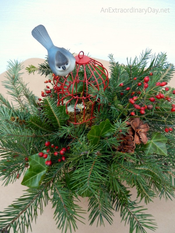 Adding rose hips and pine cones to this evergreen Christmas arrangement. AnExtraordinaryDay.net